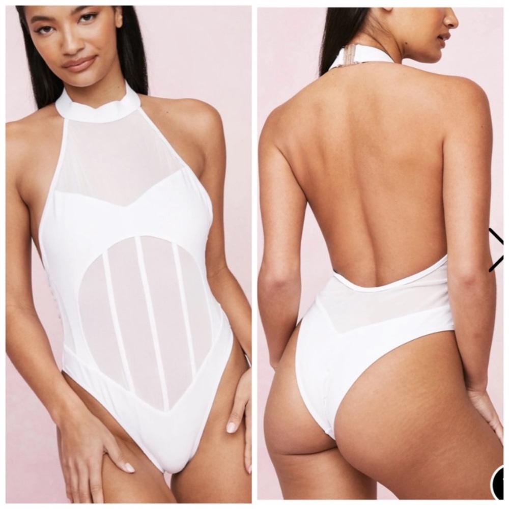Nasty Gal Swimsuit White High Neck Mesh Panel High Leg One Piece Sexy 8 New